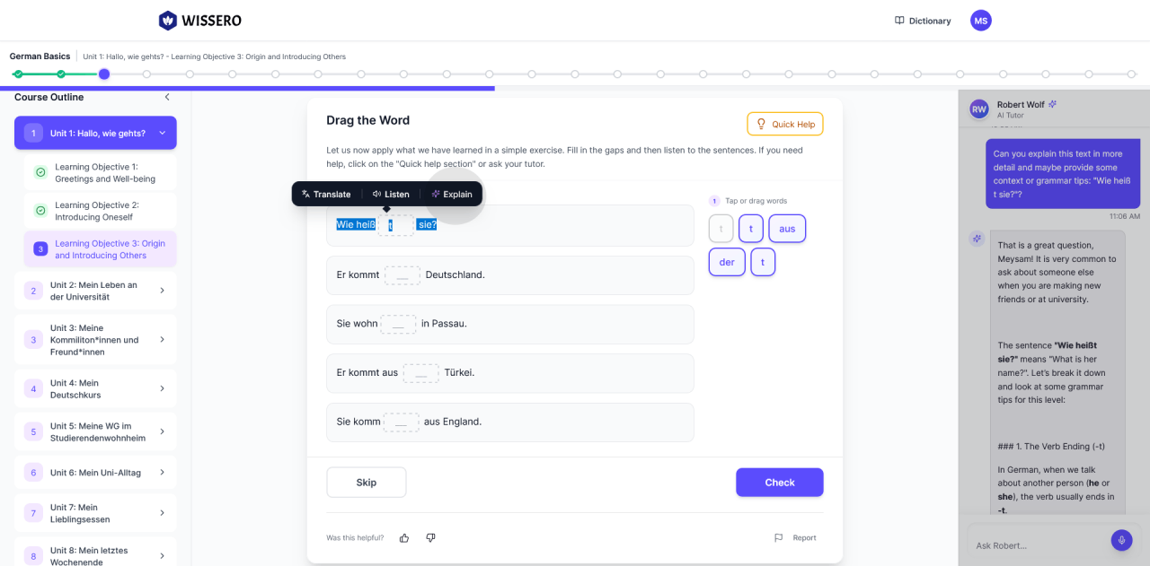 The AI Tutor interface offering a Level 2 "targeted hint" referencing a grammar rule.