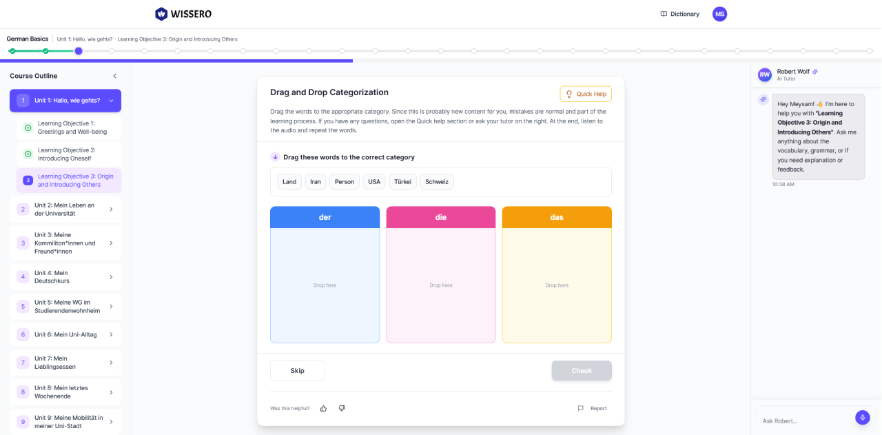 The main student dashboard at app.wissero.com showing the linear Unit progression and mastery meters.